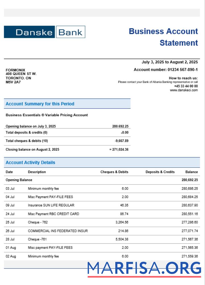 Printable Danskebank business organization checking statement Word and PDF format download for verification